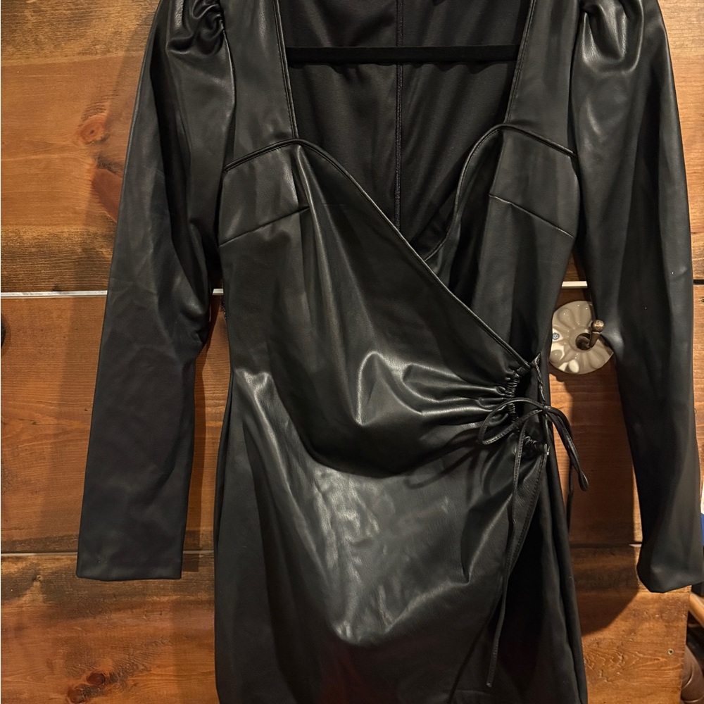 Zara Black Faux Leather Mini Wrap Dress